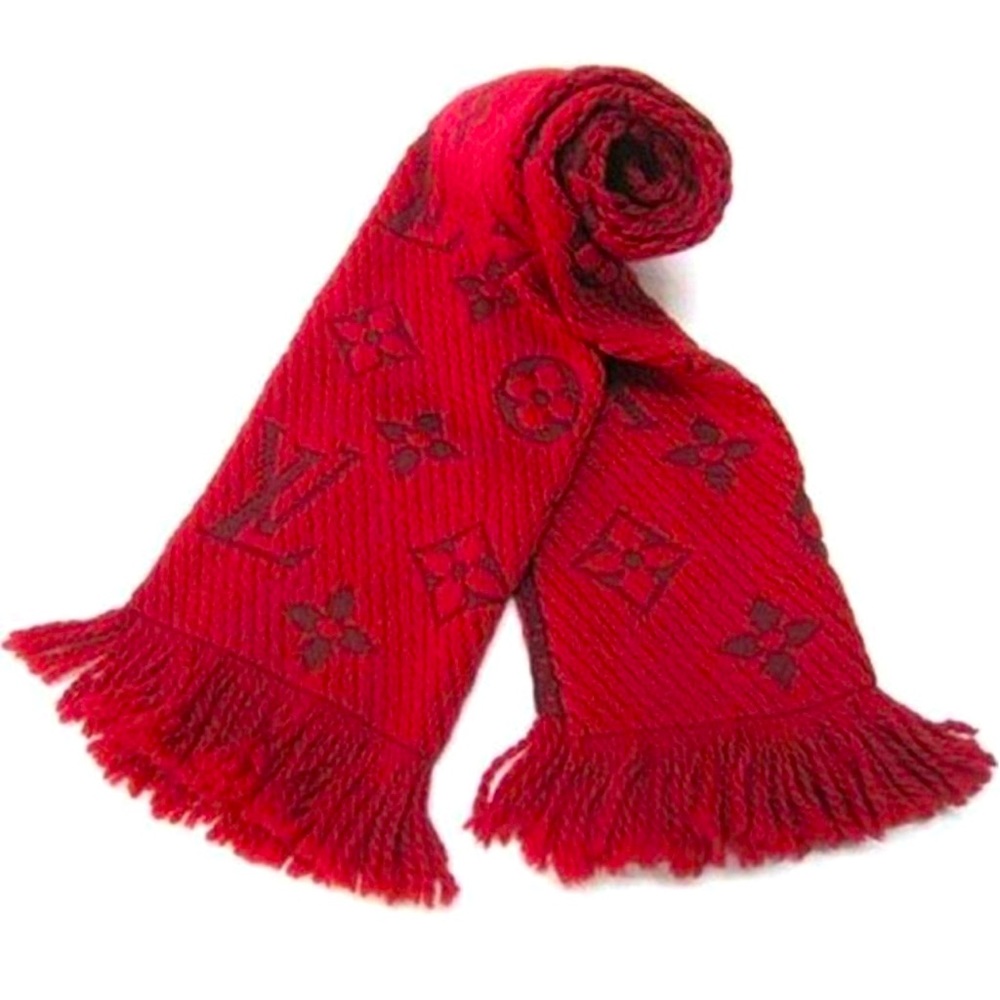 LOUIS VUITTON Wool Silk Logomania Scarf Rubis
